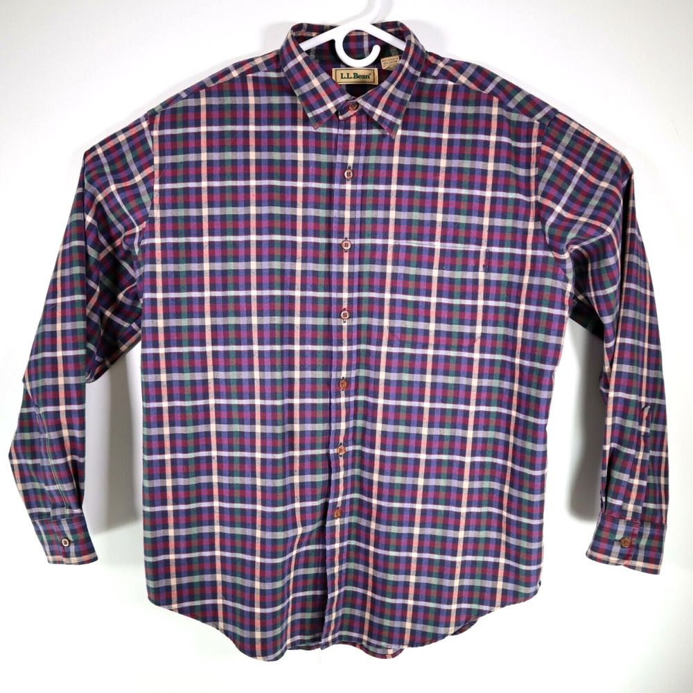LL Bean Mens Plaid Large Button Up Shirt Red Blue Green Long Sleeve